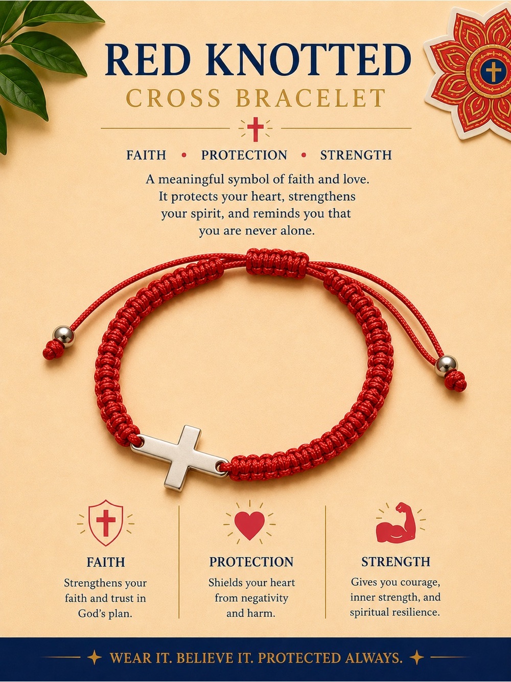 Red Knotted Cross Bracelet - Red Cord with Silver Cross